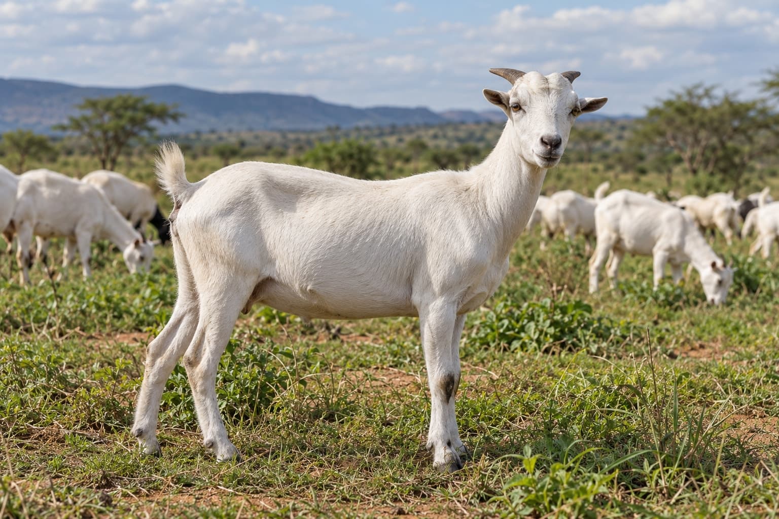 A white Galla buck standing side on in green browse, the rest of the herd grazing behind him, acacia and hills beyond.